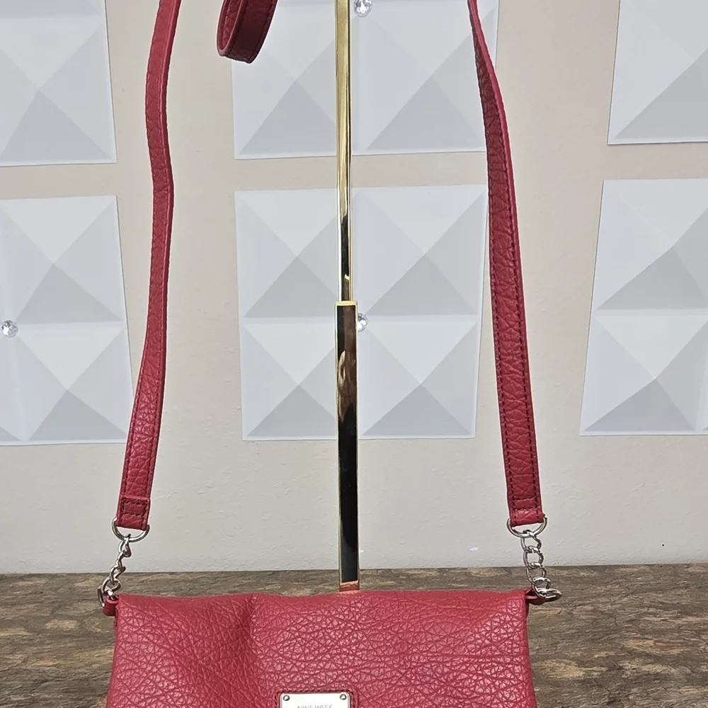 Nine West Red Pebbled Leather Crossbody Bag Foldover Clutch Convertible Purse